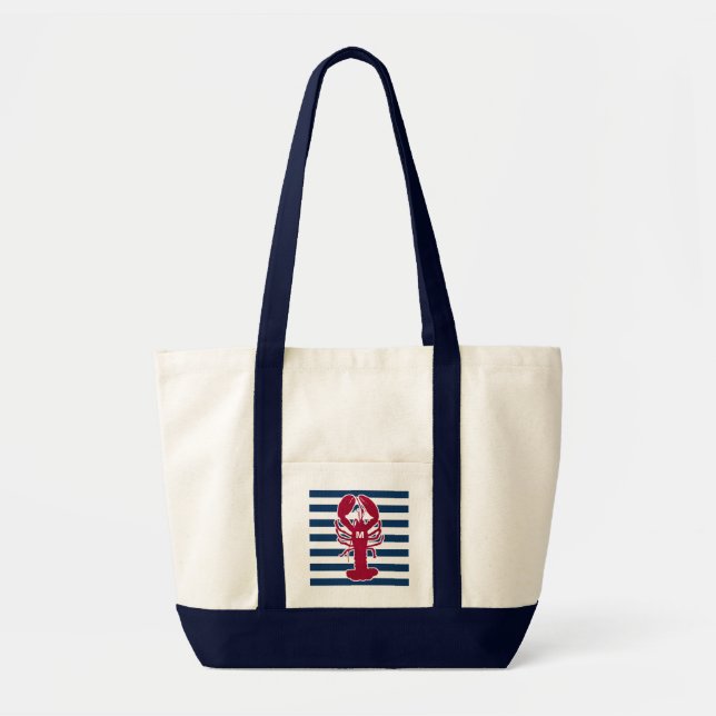 Red Lobster Canvas Tote Bag with Blue Stripes (Front)