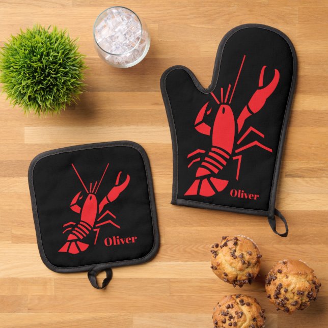 Red lobster logo personalized kitchen oven mitt & pot holder set (Top Down)