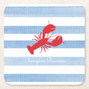 Red Lobster NAME Reunion Stripes Blue White Square Paper Coaster