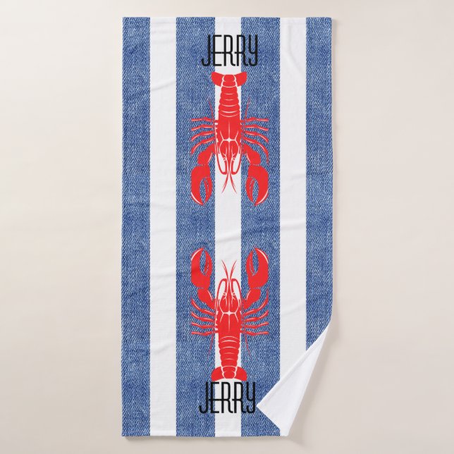 Red Lobster on Blue White Denim Stripes Bath Towel (Bath Towel)