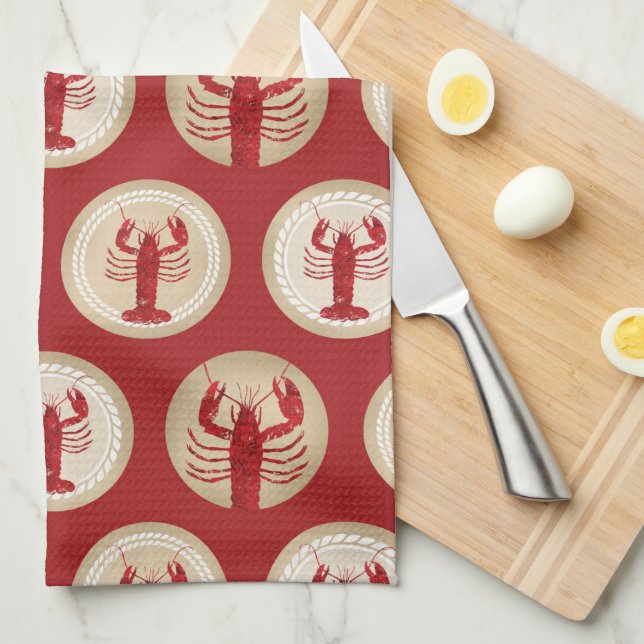 Red Lobster Pattern - Nautical Ocean Seafood Kitchen Towel (Quarter Fold)