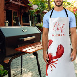 Red lobster white monogram name chef cook apron<br><div class="desc">Nautical,  summer and sea food theme.  A red lobster on a white background. The text: Chef wiht a modern red hand lettered style script. Personalize and add your name.</div>