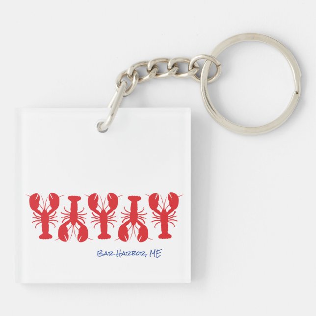 Red Lobsters Blue Custom Text White Preppy Keychain (Back)