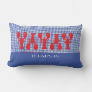 Red Lobsters Blue White Custom Text Preppy Lumbar Pillow
