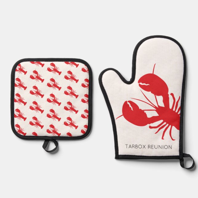 Red Lobsters Coastal Family Reunion NAME Maine Fun Oven Mitt & Pot Holder Set (Front)