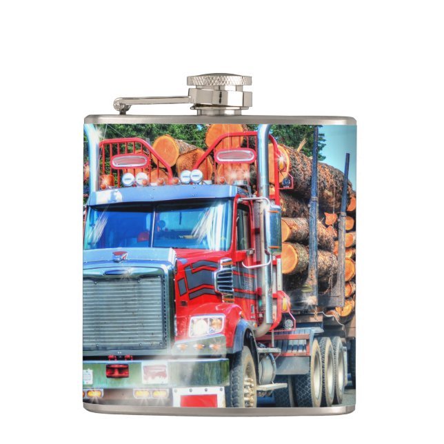 Red Logging Truck Highway Driving Trucker Art Hip Flask (Front)
