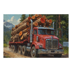 Red Logging Truck in the Mountains Poster