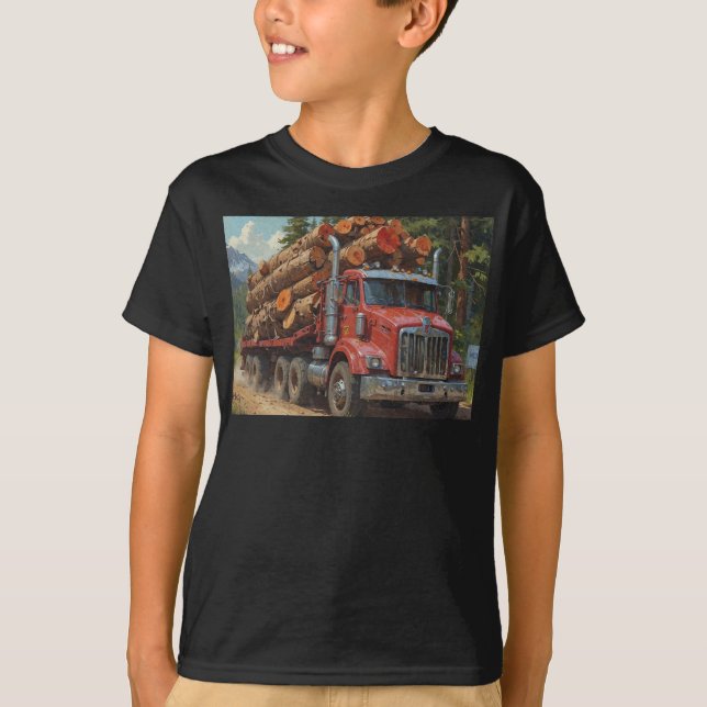 Red Logging Truck in the Mountains T-Shirt (Front)