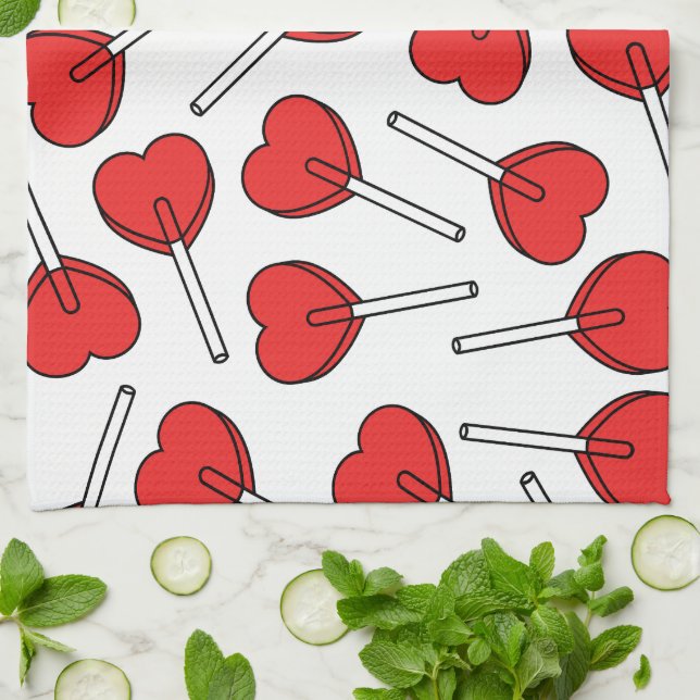 Red Lollipops, Heart Lollipops, Lollipop Pattern Kitchen Towel (Folded)