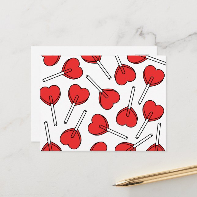 Red Lollipops, Heart Lollipops, Lollipop Pattern Postcard (Front/Back In Situ)
