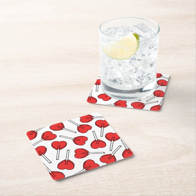 Red Lollipops, Heart Lollipops, Lollipop Pattern Square Paper Coaster (Insitu)