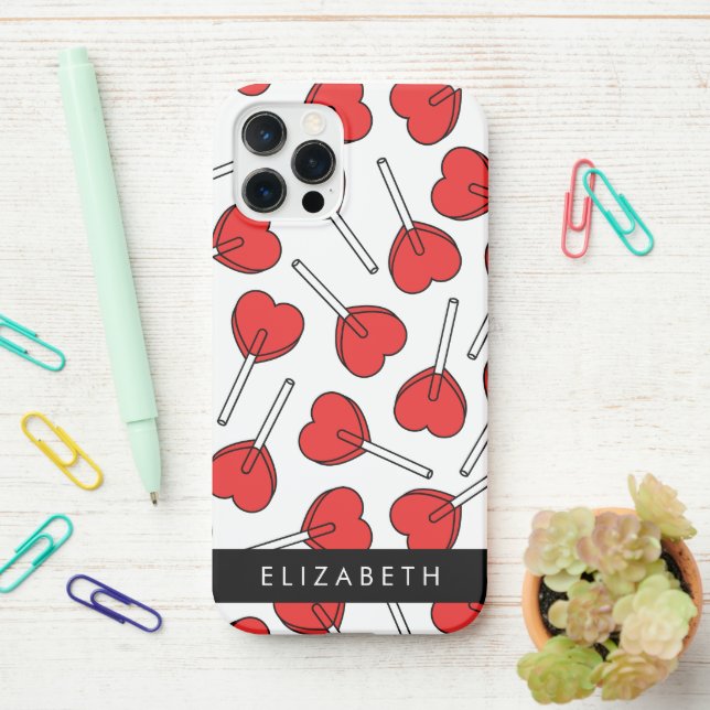Red Lollipops, Heart Lollipops, Lolly, Your Name iPhone Case (On Desk)