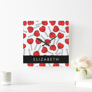 Red Lollipops, Heart Lollipops, Lolly, Your Name Square Wall Clock