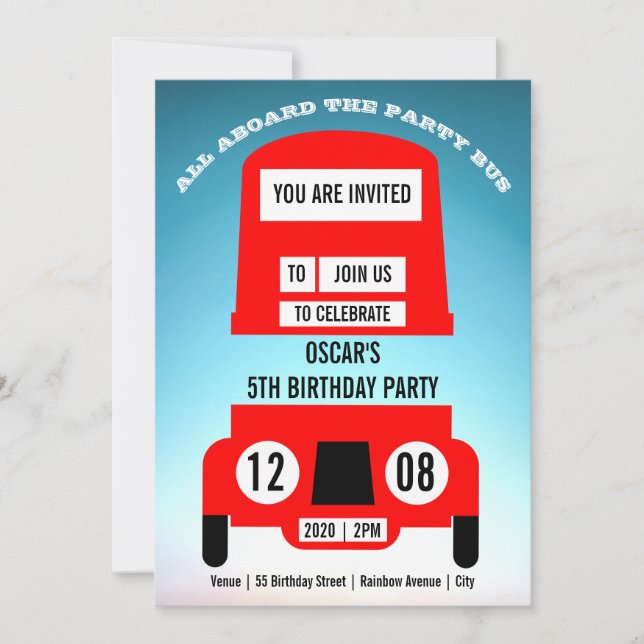 Red London Bus Children Birthday Party Invitation (Front)