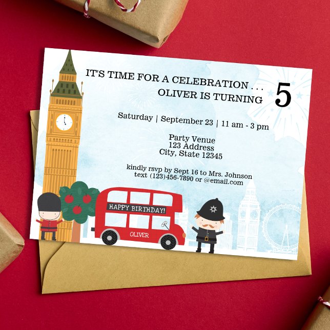 Red London Bus & Clock Tower Kids Birthday Invitation (Creator Uploaded)