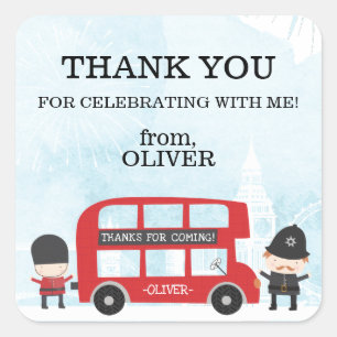 Red London Bus Kids Bday Party Thank You Favor Square Sticker