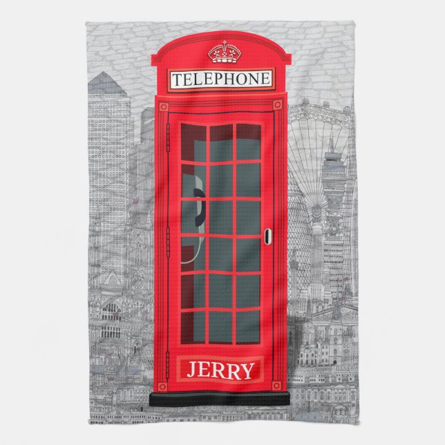 Red London Phone Booth Skyline Kitchen Towel (Vertical)
