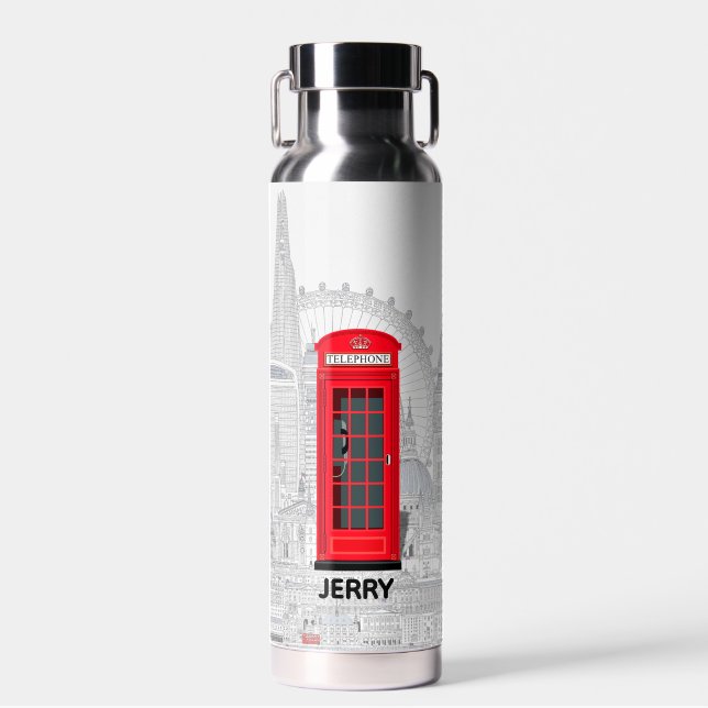 Red London Phone Booth Skyline Water Bottle (Front)