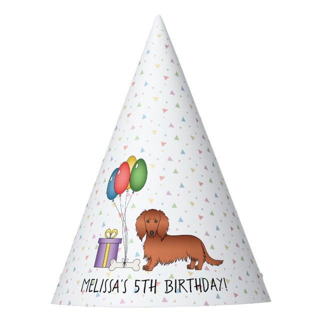 Red Long Hair Dachshund Cartoon Dog - Birthday Party Hat (Front)