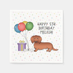 Red Long Hair Dachshund Cartoon Dog Happy Birthday Napkin