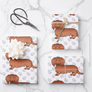 Red Long Hair Dachshund Cartoon Dog Pattern & Paws Wrapping Paper Sheet