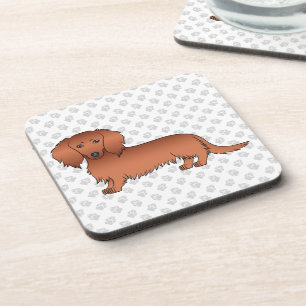Red Long Hair Dachshund Cute Cartoon Dog & Paws Coaster