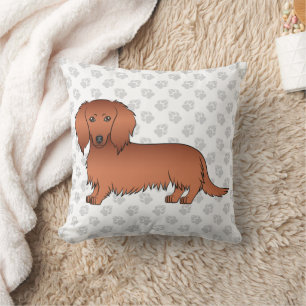 Red Long Hair Dachshund Cute Cartoon Dog & Paws Throw Pillow