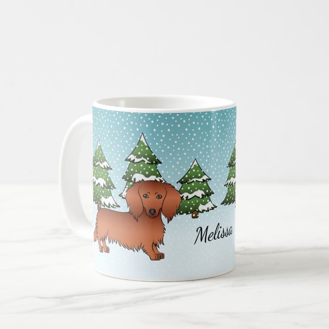 Red Long Hair Dachshund Cute Dog - Winter Forest Coffee Mug (Front Left)