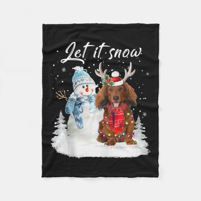 Red Long Haired Dachshund Santa Dog Christmas Snow Fleece Blanket (Front)