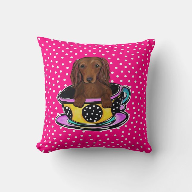 Red Long Haired Dachshund Throw Pillow (Front)