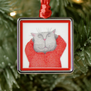 RED LONG JOHNS CAT Premium Square Ornament