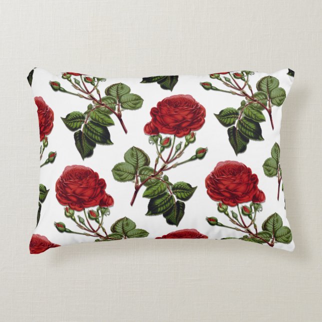 Red Long Stem Rose Pattern Accent Pillow (Front)