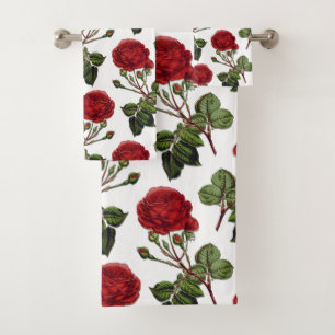 Red Long Stem Rose Pattern Bath Towel Set
