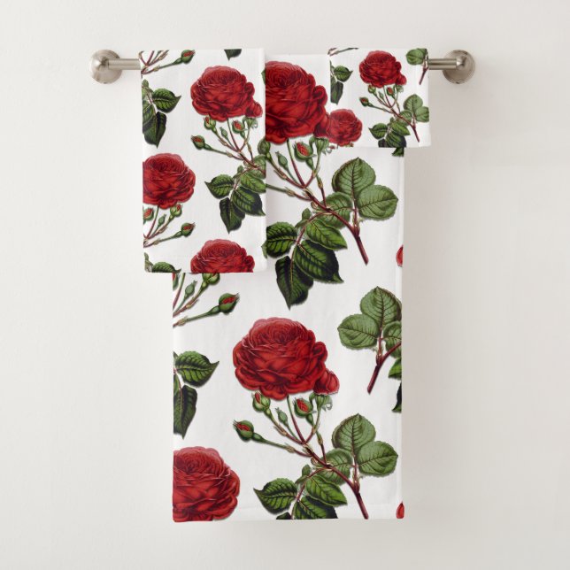 Red Long Stem Rose Pattern Bath Towel Set (Insitu)