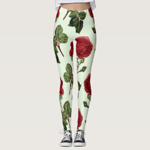 Red Long Stem Rose Pattern Green Background Leggings