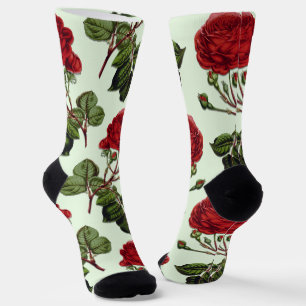 Red Long Stem Rose Pattern Green Background Socks