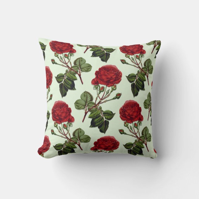 Red Long Stem Rose Pattern Mint  Green Back  Throw Pillow (Front)