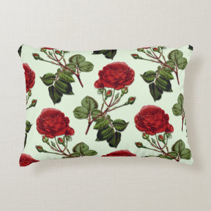 Red Long Stem Rose Pattern Mint Green Background Accent Pillow