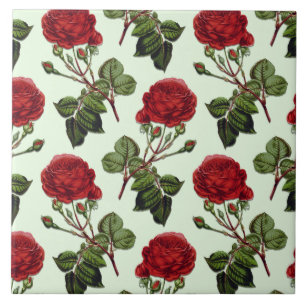 Red Long Stem Rose Pattern Mint Green Background Tile