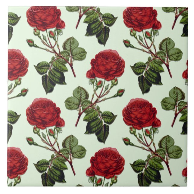 Red Long Stem Rose Pattern Mint Green Background Tile (Front)