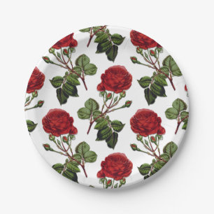 Red Long Stem Rose Pattern Paper Plate