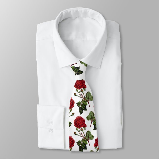 Red Long Stem Rose Pattern Tie (Tied)