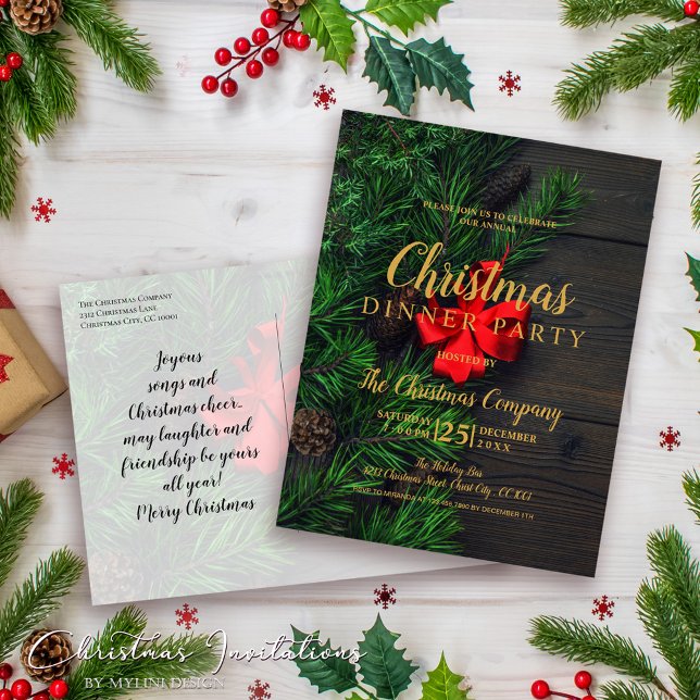 Red Loop Gold Script Christmas Dinner Party Invite (Creator Uploaded)