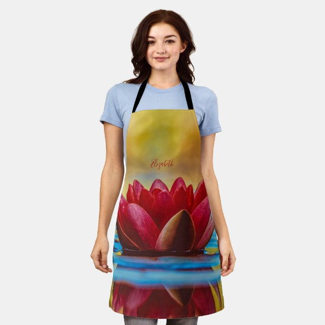 Red Lotus Flower Landscape, Zen  Apron (Worn)
