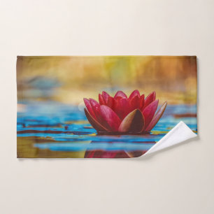 Red Lotus Flower Landscape, Zen Bath Towel Set