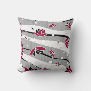 Red Lotus Flowers on Grey Stripes Throw Pillow