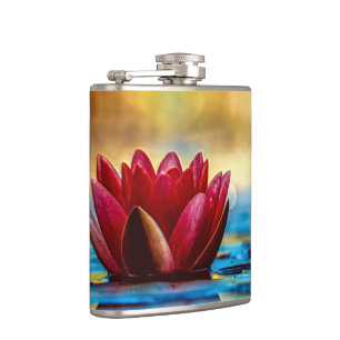 Red Lotus Water Lily Flower Hip Flask