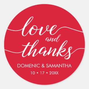 Red Love and Thanks Script Wedding Thank you Classic Round Sticker