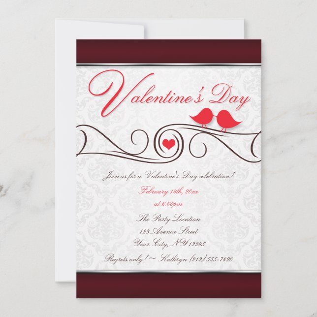 Red Love Birds Damask Valentine's Day Invitations (Front)