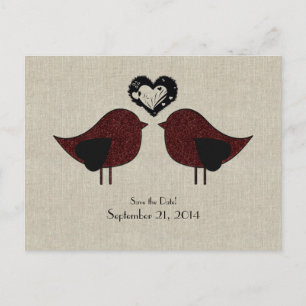 Red Love Birds Linen Look Save the Date Announcement Postcard